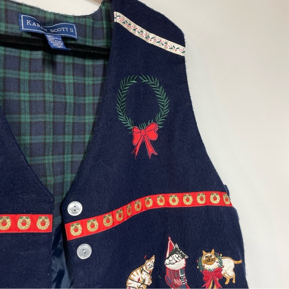 Navy Blue Grandmacore Y2K Karen Scott Christmas Cat Holiday Felt Vest 2X Plaid - Picture 7 of 7